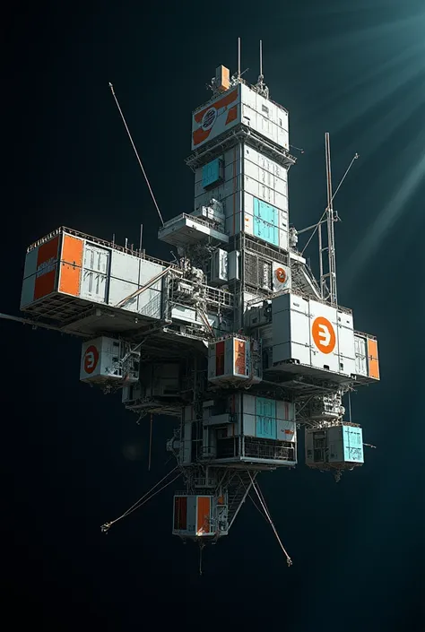 Photograph of a spacecraft space station floating in black space. Lots of containers stuck togetherWhite and orange  grey aqua marine blue with orange logos. Highly detailed. Harsh white light. (((2001 discovery))) truss girder. Radar dish. Thin  Spines an...