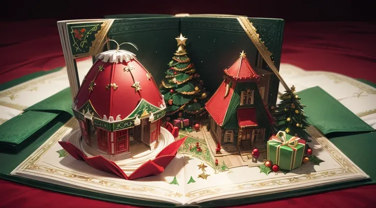 (Pop-up Book:1.5)，( Christmas：1.5)，(Red and Green,  top quality,  Detailed Details ,   masterpiece  ,  Official Art ,  Movie Light Effects , 4K,  chiaroscuro )