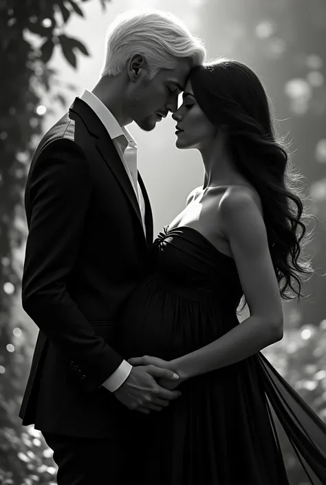  A white-haired young man dressed in an elegant black suit kissing a pregnant girl in a black dress, white hair in a romantic place  