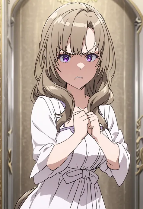 mature woman ,light brown side tail,purple eyes, white dress,angry, Clench her fists ,raise her hands