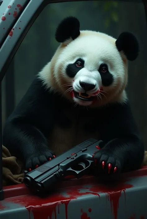 Picture of a bloody panda in a car with a dark gun