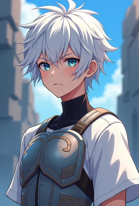 19-year-old boy with white hair,  anime style , with a breastplate and a white t-shirt