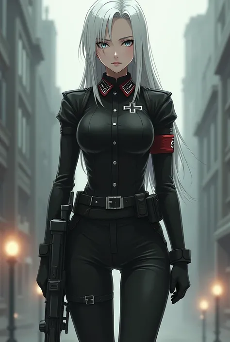 Sexy and defined female Nazi soldier with black suit and vest and helmet and mp40 anime and white hair 
