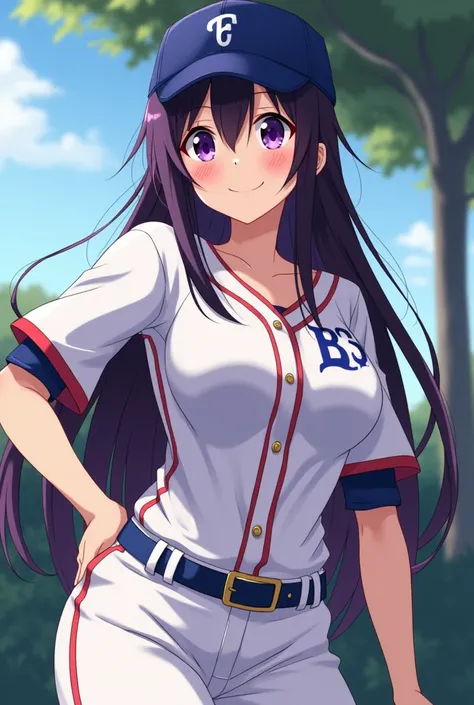 Japanese animation style、High school girl、Baseball uniform 、 Baseball Cap 、Dark Purple Long Hair、 purple pupils、huge breast leak、Smile