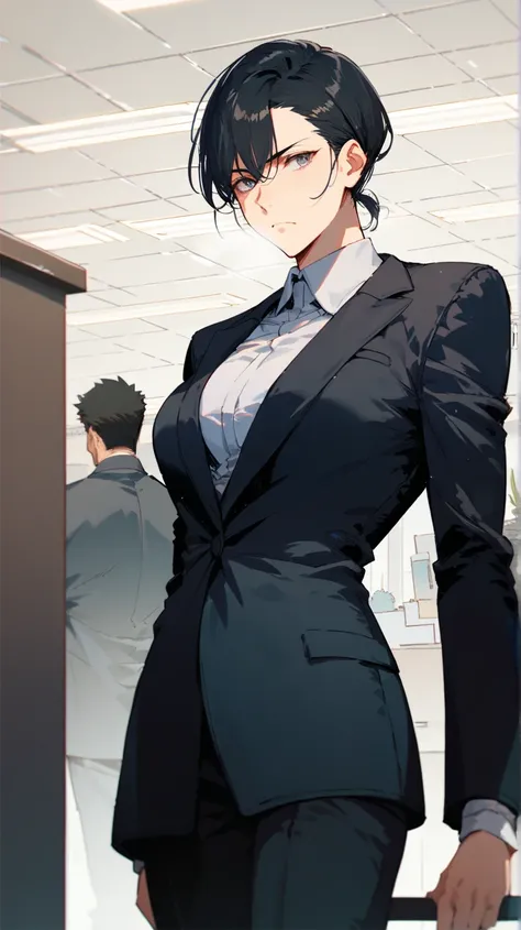 8K, 27 years old woman, waist-length hair, long straight black hair, side-bangs, dark gray eyes, black suit, curvy, tall, slender, cold expression, hot, standing, frown, glare, office