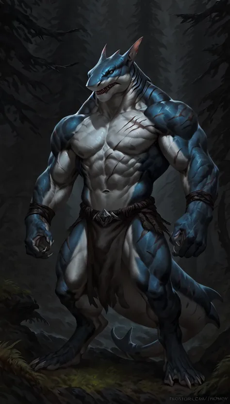 Muscular anthro shark, solo, fighter, scars on body, 1male solo, small waist, thick shark tail, marked detailed jaws, pants with loincloth, full body, comicbook style, best quality, 4k, ultra-detailed, by laobai, by taran fiddler, by honovy, by null-ghost,...