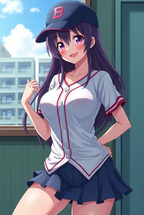 Japanese animation style、High school girl、Baseball uniform 、 Baseball Cap 、Dark Purple Long Hair、 purple pupils、huge breast leak、Smile