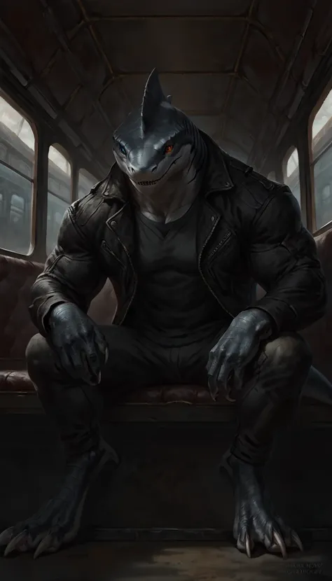 sharkfolk, anthro shark, solo, portrait, scaly, wearing jacket with black shirt, detailed gray skin, pants, experienced predator, monstrous, shark snout, fins, yellow red heterochromia eyes, dark detailed body, matte body, toned, muscular anthro, bara, big...