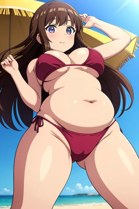 brownhaired, one girl, anime eyes, round tight stuffed belly, in too tight bikini, shes at the beach