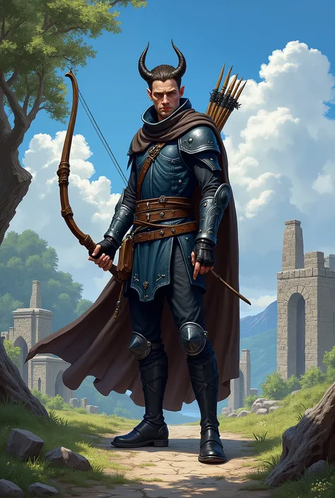 In RPG style, in style of Dungeons & Dragons, in style of fantasy painting. Full body view, looking at the viewer. image of a male tiefling ranger marksman, holding a wood bow. Small horns. Short hair. Dark blue leather armor with silver elements, black pa...