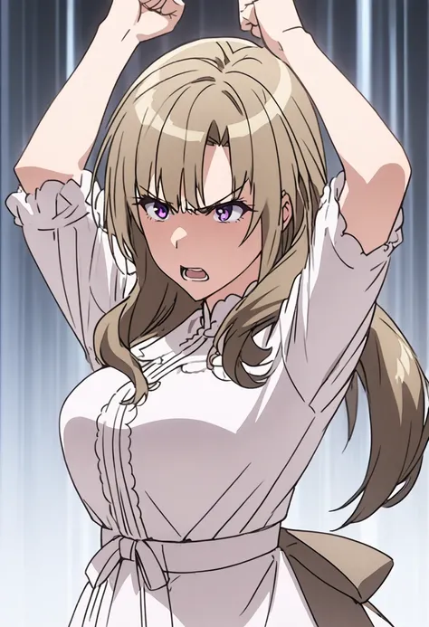 mature woman ,light brown side tail,purple eyes, white dress,angry, Clench her fists , arms up