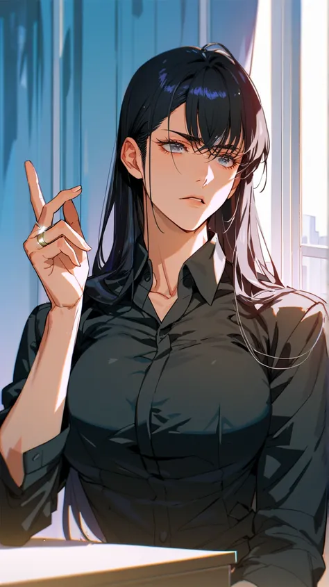 8K, 27 years old woman, waist-length hair, LONG HAIR, long straight black hair, side-bangs, curtain bangs, dark gray eyes, black suit, curvy, slender, cold expression, hot, office, sitting behind desk, ring on finger, stoic, beautiful, long lashes, detaile...