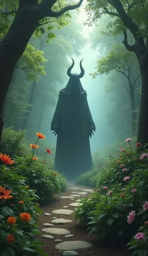 A visual of a peaceful garden juxtaposed with a shadowy figure of the devil lurking in the background, representing the tension between Gods creation of peace and the current existence of evil, showing why the time hasnt yet come for Gods final interventio...