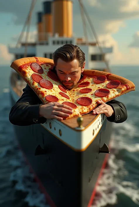 Leonardo de Caprio Jack hugging pizza in the classic Sena cone on the tip of the Titanic boat 