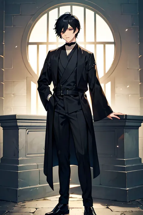 a cool boy,good-looking guy,handsome man,shorthair,black hair,black eyes,ikemen,fantasyGrave keeper,fullbody，robe