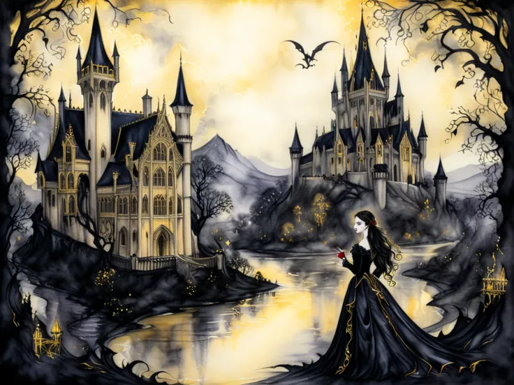 Ink and watercolour illustration on parchment. In a fantasy realm there is a gothic castle in the background, a (mysterious (female (vampire))) with dragon. lacy gothic aesthetic. contemplative. black and gold.

Oil pastel. 
