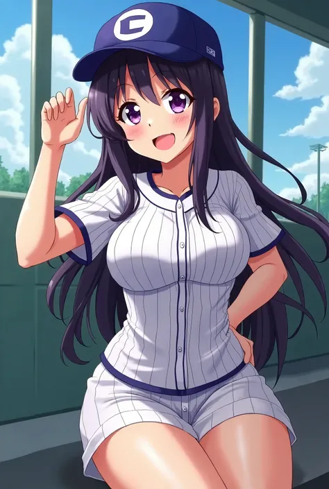 Japanese animation style、High school girl、Baseball uniform 、 Baseball Cap 、Dark Purple Long Hair、 purple pupils、huge breast leak、Smile