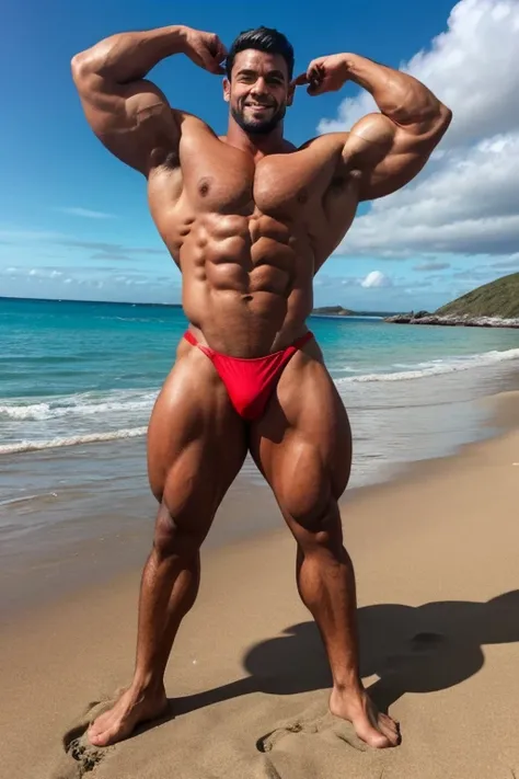  Antonio , , Male bodybuilder, 2.20 meters tall ,  220 pounds of pure muscle , 2%  body fat ,  hes wearing a red thong,  American , manly and sexy, shirtless,  showing off her spectacular body on a beach, flexed his chest 