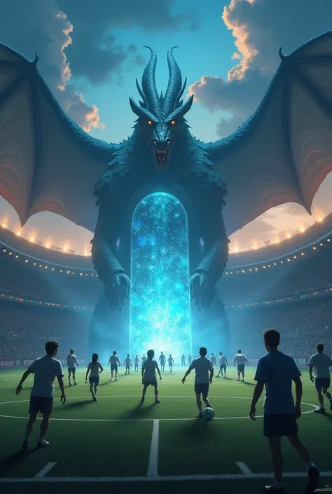  A soccer field with small goals , surrounded by a magical atmosphere . in the center,  people play ball with intensity and fun , while in the background,  a mystical portal shines with an ethereal blue light .  next to the portal , A majestic dragon,  wit...