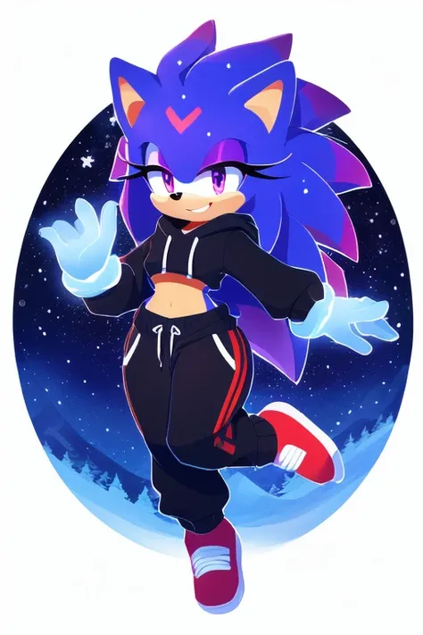 Sonic oc, female,Cosmic hedgehog, mobian, A beautiful snow blue hedgehog, dark purple eyes and markings, stars or constellations on hair, very long hair; a few hair bangs, two long side streak, beaded streaks, smooth fur, a slim thick hourglass body, black...