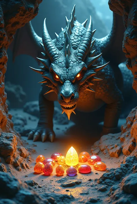 Close up the dragon that is hiding in the cave by guarding the sacred gems