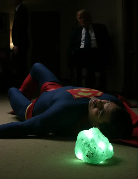 Superman is captured lying on the floor. He has short, slicked back hair. He has a well-defined jawline, he has a Sexy and pained expression, his eyes are closed, suggesting he is unconscious or incapacitated. Near him is a glowing green crystal, probably ...