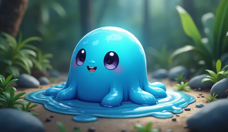 
「 blue slime characters 。Overall shiny 、in rounded shape,、Sharp tip。Large round eyes and the natural environment where 、Have a simple smile、１Body only、 One、 real、 realistic 