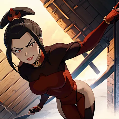 Azula from Avatar The Last Airbender wearing a sexy version of Deadpools iconic outfit, a tight red and black bodysuit with strategic cutouts that accentuate her curvy figure with large breasts, a slim waist, and thick thighs, the suit features Deadpools s...