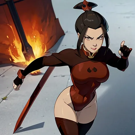 Azula from Avatar The Last Airbender wearing a sexy version of Deadpools iconic outfit, a tight red and black bodysuit with strategic cutouts that accentuate her curvy figure with large breasts, a slim waist, and thick thighs, the suit features Deadpools s...