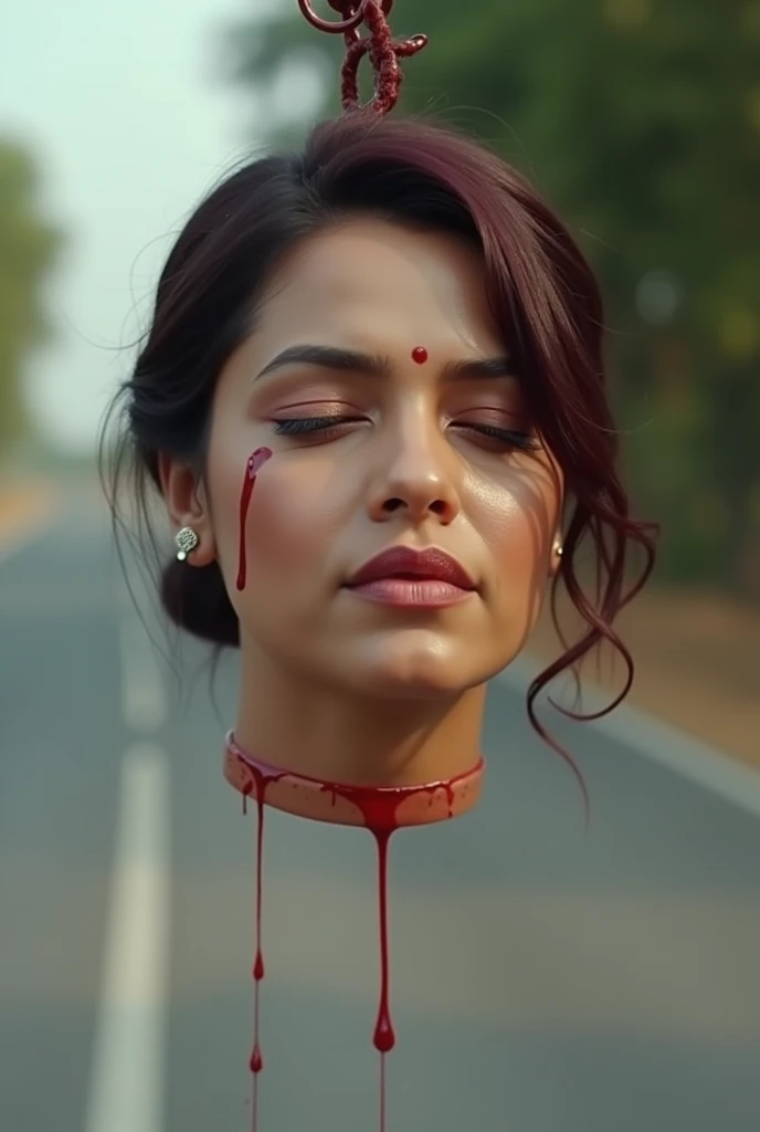 a Chubby Actresss cleanly decapitated severed head hanging by a hook held by a man on a empty Road. Few blood dripping. chubby womans Amputated head has burgundy thick low bun hair style, bindi on forehead precisely between eye brows, eyes closed, mouth si...