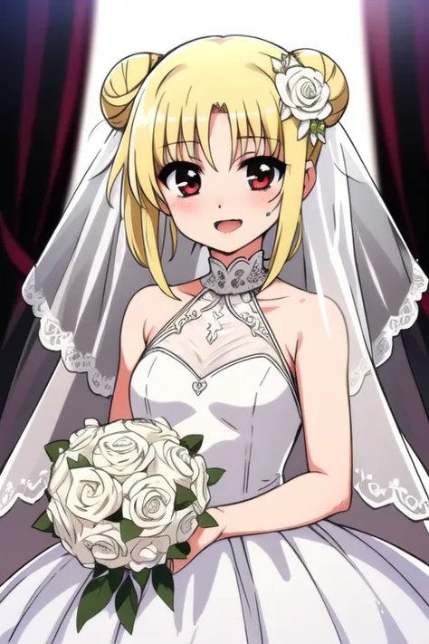 Fate Testarossa,blonde hair,red eyes,small breasts,
1 ,hairstyle: (black wedding bun short hair:1.2)
Outfit: (wedding dress,intricate dress, ball gown, bridal veil, bride, curtains, 
depth of field, dress, flower, hair flower, hair ornament, see-through,wh...