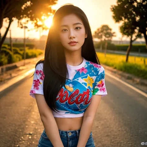 Asian girl looks straight at the viewer, Black hair,  Extra long hair 2m long hair , My hair flutters in the wind.,   Strong abdominal muscles , Have a tattoo,   Glazed tile skin  , Red cheeks,  Very Fine Eyes ,  wearing a short-sleeved shirt , , graphic p...