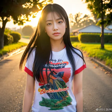 Asian girl looks straight at the viewer, Black hair,  Extra long hair 2m long hair , My hair flutters in the wind.,   Strong abdominal muscles , Have a tattoo,   Glazed tile skin  , Red cheeks,  Very Fine Eyes ,  wearing a short-sleeved shirt , , graphic p...