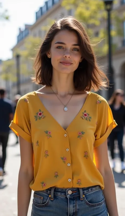 Créer une belle jeune femme 16 ans qui marche sur les Champs Elysées , type française blanche, visage juvénile teint nacrée, yeux bleus très mince, petits seins, coiffure cheveux bruns foncés très courts coupe au bol, position debout de face, vêtue d’une c...