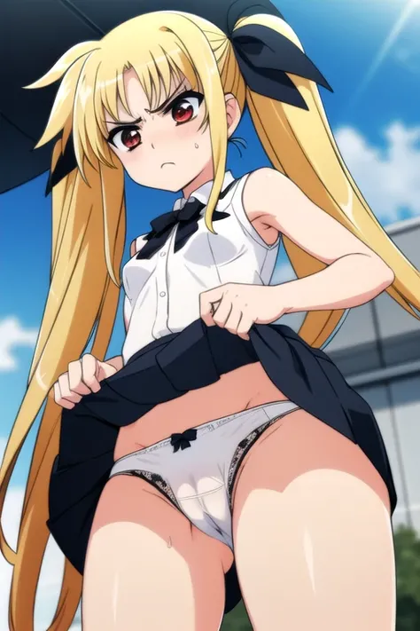 Fate Testarossa,long hair,blonde hair,twintails,hair ribbons,black ribbons,red eyes,small breasts,
striped dark blue lace shirt ,frilled skirt,sleeveless,
nsfw,(Lift up the skirt:1.4),(white panties visible:1.3),(pubic hair:1.2),(cameltoe:1.2),(love juice:...