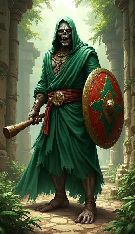 A zombie Inca warrior in green robes has a wide gold belt and a green and red shield, He has a wooden club 