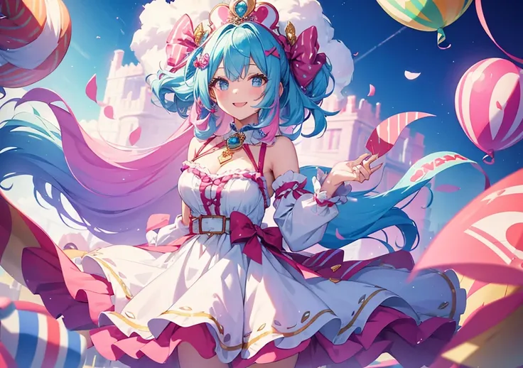 A beautiful girl with a big smile stands with a candy
-studded circus in the background. Her colorful hair accessories and fluffy pastel-colored dress are adorable