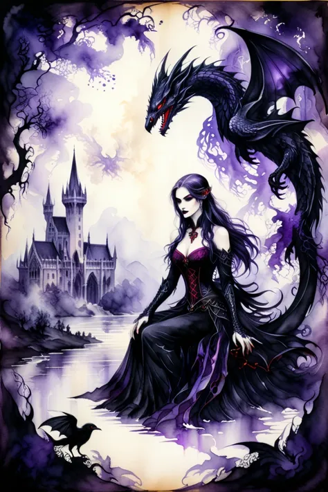 Ink and watercolour painting on parchment. In a fantasy setting there is a (mysterious (female (vampire))) with dragon. lacy gothic aesthetic. contemplative. black and purple. 

