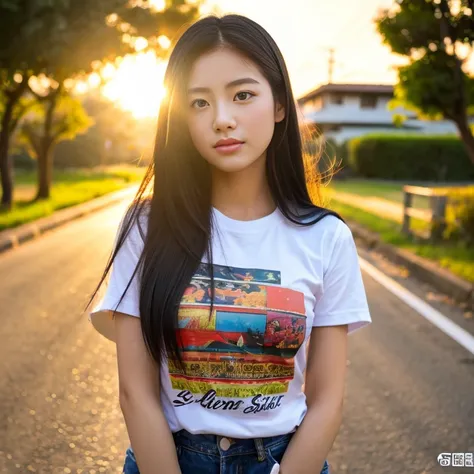 Asian girl looks straight at the viewer, Black hair,  Extra-long hair 2m long , My hair flutters in the wind.,   Strong abdominal muscles , Have a tattoo,   Glazed tile skin  , Red cheeks,  Very Fine Eyes ,  wearing a short-sleeved shirt , , graphic print ...