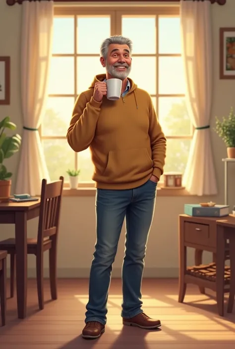 A 40-year-old man drinking coffee standing up in the morning with a quiet laugh and a very casual posture 