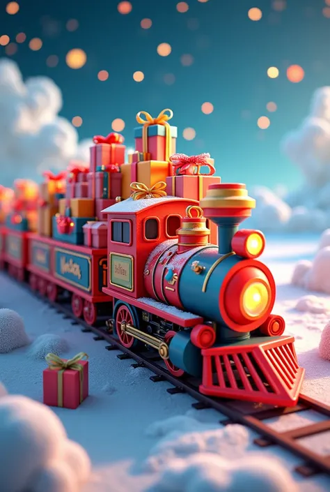 A bright colorful train travels with New Year s gifts 3d