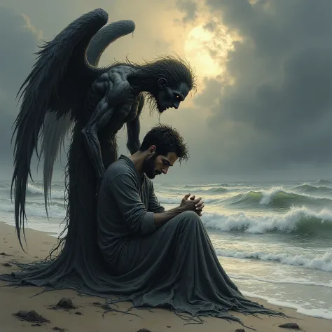 Dark drawing style. Half angel half demon creature comforts a tired and dirty man sitting in front of the sea, on a cloudy day and sunset, image reflects horror and regret