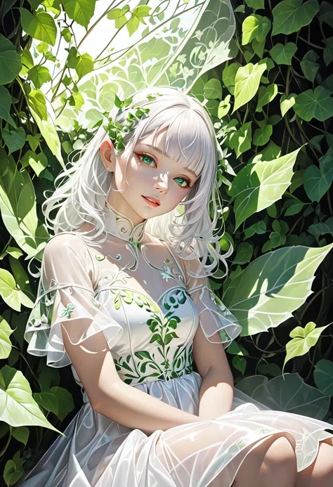 from below, cool beauty elf, sitting, looking down on, iridescent pure white shiny silky short messy wavy hair, blunt bangs, amorous and lewd expression, grin, captivating eyes, superlative body proportion, wearing loose fluffy fairy dress of embroidered t...