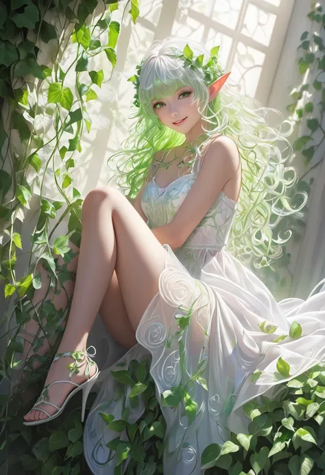 from below, cool beauty elf, sitting, looking down on, iridescent pure white shiny silky short messy wavy hair, blunt bangs, amorous and lewd expression, grin, captivating eyes, superlative body proportion, wearing loose fluffy fairy dress of embroidered t...