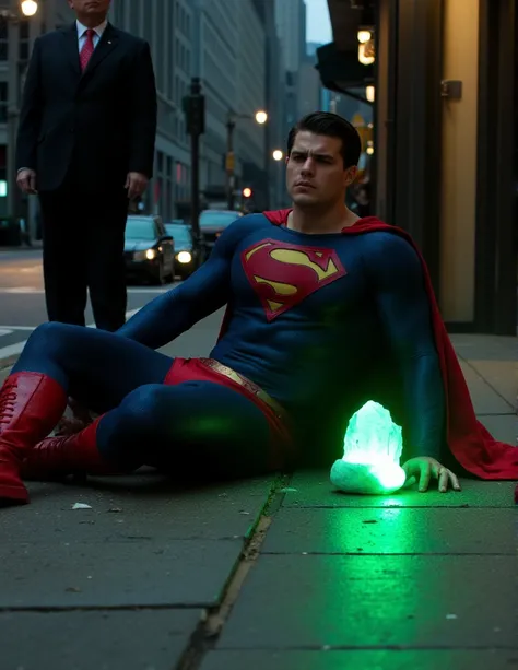 Superman is captured lying on the floor. He has short, slicked back hair. He has a well-defined jawline, he has a Sexy and pained expression, his eyes are closed, suggesting he is unconscious or incapacitated. Near him is a glowing green crystal, probably ...