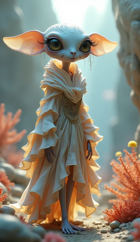 Create a highly detailed 3D rendering of an otherworldly creature standing in a softly lit, alien landscape. The creature has a slender, skeletal frame that leans slightly forward, conveying a sense of curiosity or engagement. Its oversized outfit is elabo...