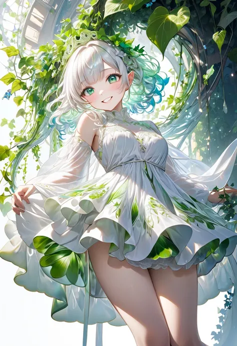 from below, cool beauty elf, looking down on, iridescent pure white shiny silky short messy wavy hair, blunt bangs, amorous and lewd expression, grin, captivating eyes, superlative body proportion, wearing fluffy fairy dress of embroidered translucent whit...