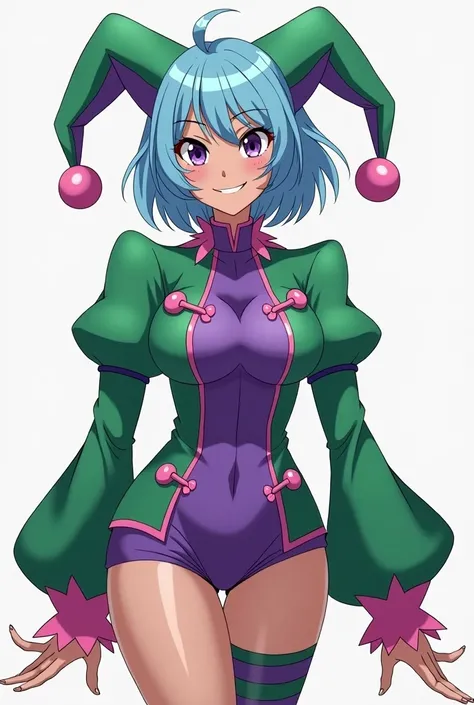 Heroine from My Hero Academia ,  the heroine has short hair ,  the tips in all directions and the color of the light blue lagoon ,  purple eyes , piel moren , sweet smile,  sexy body and big breasts wearing a heroine costume reminiscent of jesters:  The gr...