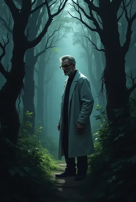 Shady scientist man nearby in the dark forest