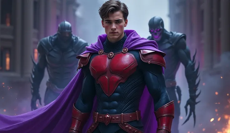 1man, masterpiece, young man, athletic build, brown hair and blue eyes, wearing unique red leather chest plates and armor, a purple royal cloak, standing over the dead body of the evil, skull faced, purple glowing eyes, muscular build, ethereal undead enem...